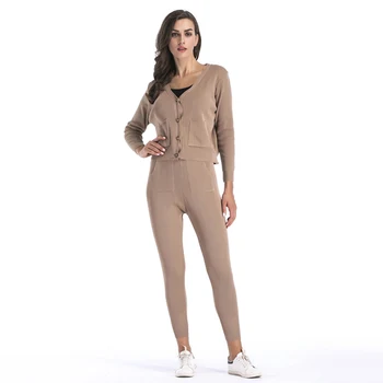 

Autumn Fashion Women Casual Cotton Knitted Sweat Jacket Trousers Suits Female Cardigan Tops Long Skinny Pants Two pieces Set