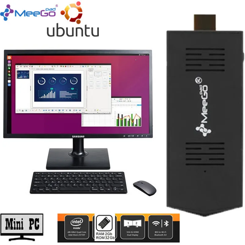 Meegopad T02 2 ГБ/32 ГБ Ubuntu 14.10 версии Linux Мини ПК с Intel z3735f внутри Wi Fi Bluetooth HDMI TV малый Compute