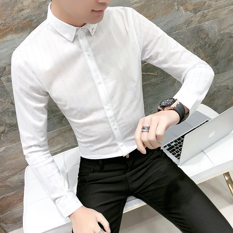 

Spring Men Shirt Tuxedo 2019 New Casual Striped Shirts Mens Long Sleeve Slim Fit Night Club Work Shirt Social Mens Clothing 3XL