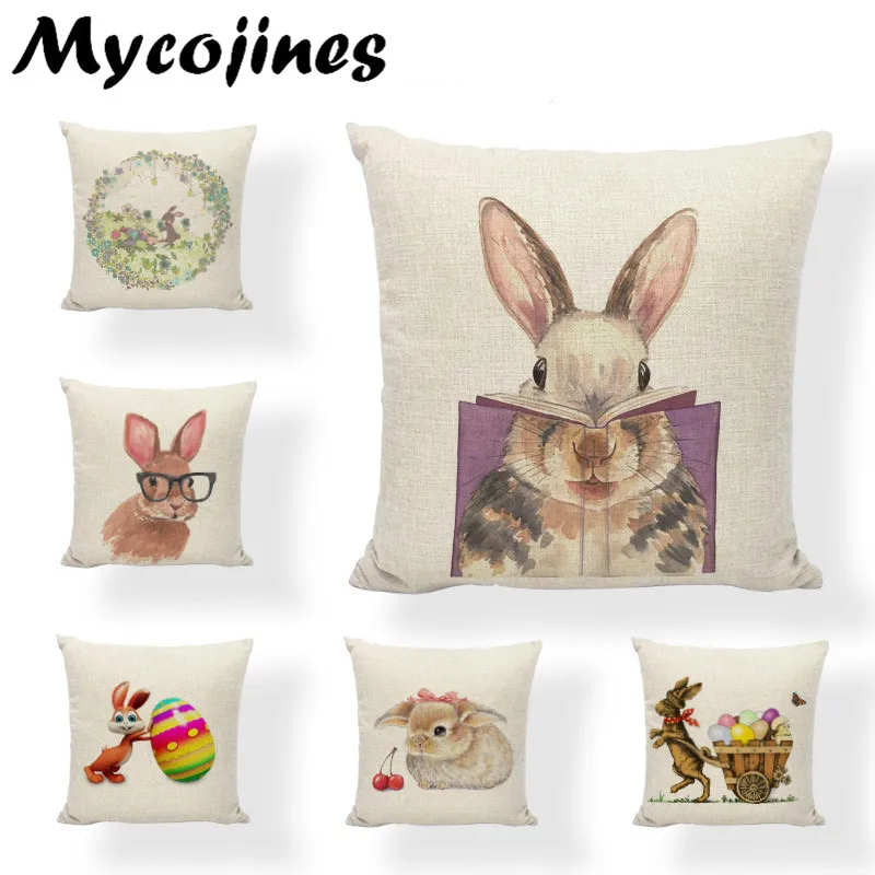 

Happy Easter Cute Smiling Bunny Rabbit Color Eggs Home Linen Throw Pillow Case Creative Cushion Cover Animal Office Bedroom