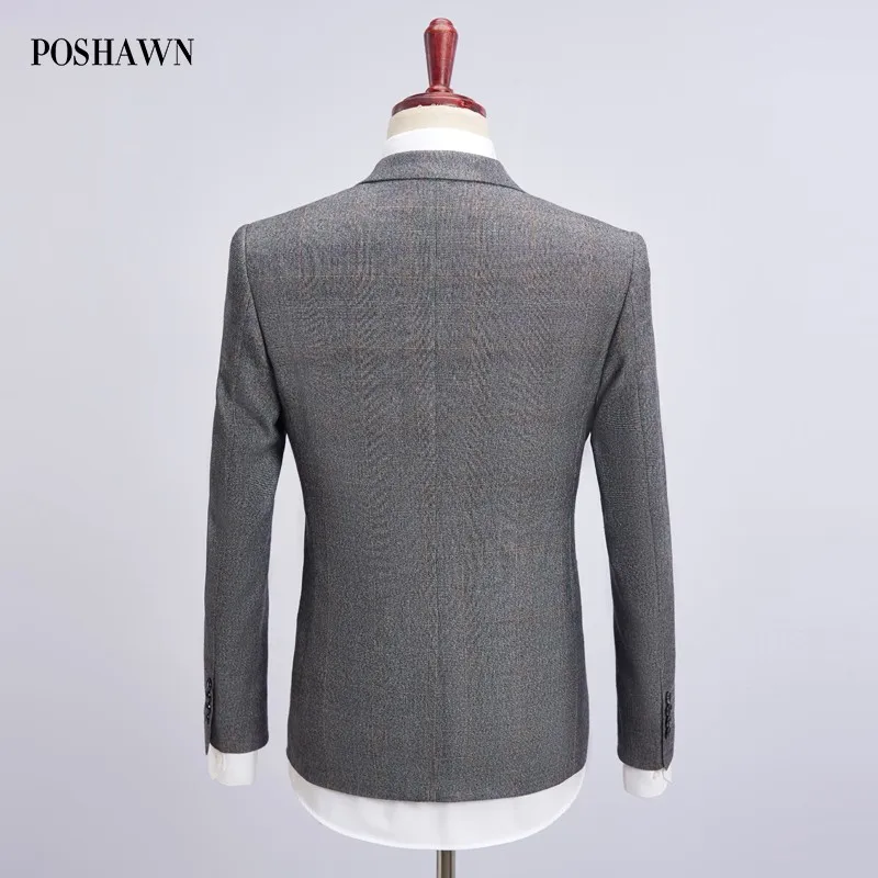 POSHAWN Grey Plaid Striped Men Suits With Pants And Vest Double Button Formal Blazers Men 3 Pieces Tuxedo Wedding Suit 2019