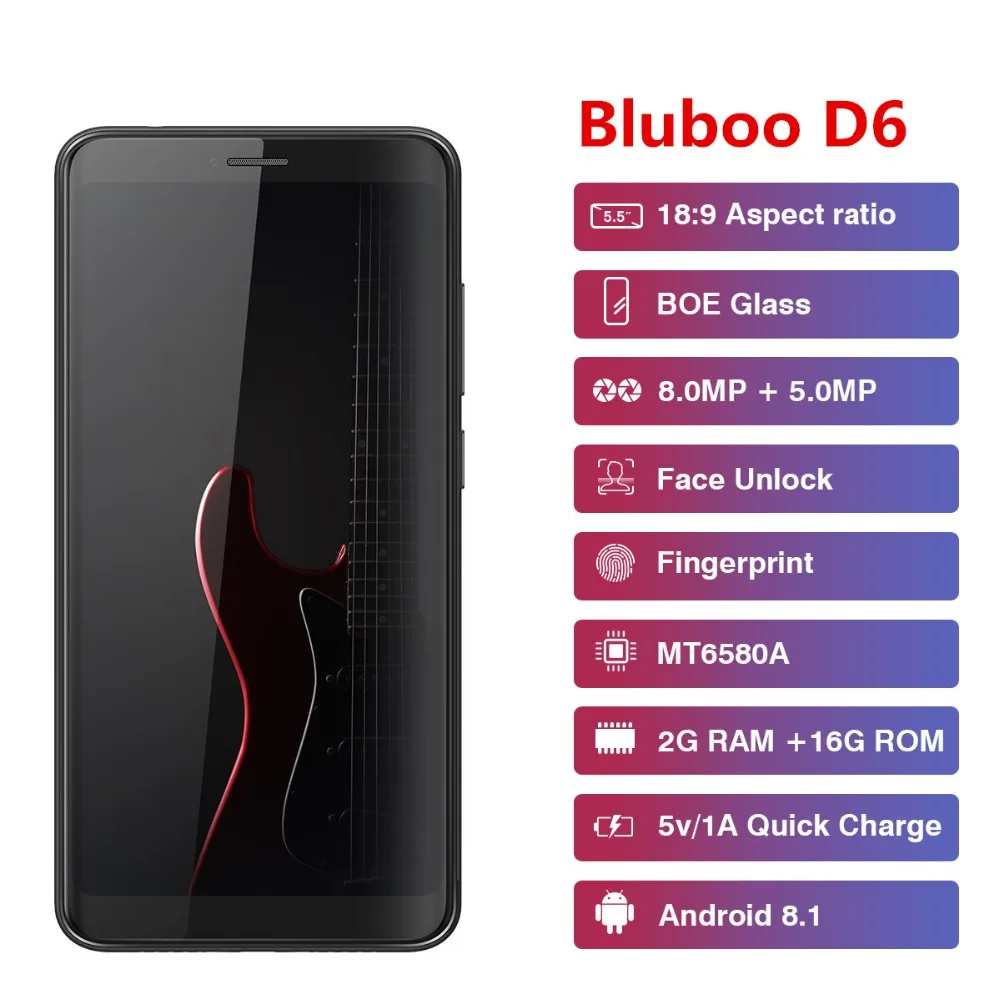 Смартфон Bluboo D6 Pro D6, Android 8,1, четырехъядерный, 5,5 дюймов, сканер отпечатков пальцев, 2 Гб ОЗУ, 16 Гб ПЗУ, две sim-карты, аккумулятор 2700 мАч, 720 P, мобильные телефоны