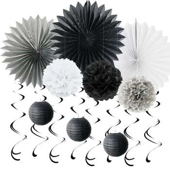 

10pcs(Black,Grey,White) Paper Decoration Set Swirls Paper Fans Pom for Birthday wedding Room Space Party Supplies