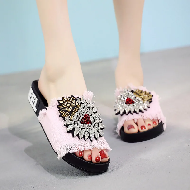 

Crystal sunflowers flat sandals women open toe denim tassel slippers slides leisure thick bottom slides cozy slip on shoes mujer