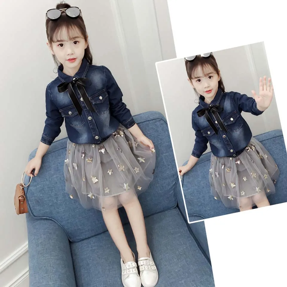 

2018 Boutique Kids Clothing Toddler Kids Baby Girl Clothes Set Denim Coats + Print Stars Skirts 2pcs Outfits Clothing Set Girls