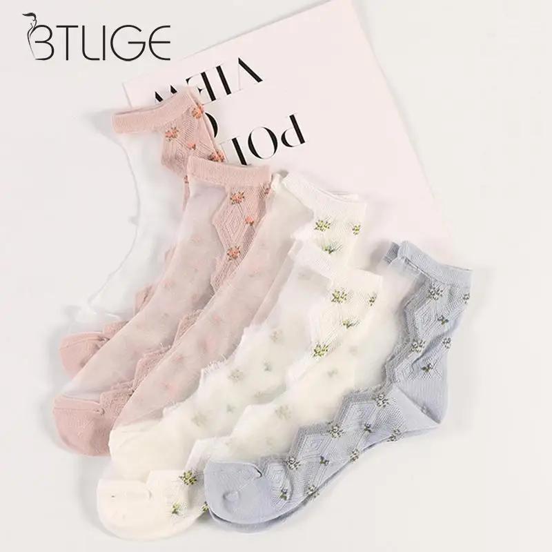 

Fishnet Women Lace Socks Ruffle Soft Sheer Silk Elastic Mesh Knit Frill Trim Transparent Ankle Flower Jacquard Crystal Socks