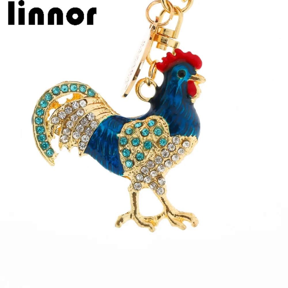 

Linnor New Design Blue Strass Cock Rooster Chicken Key chain Rhinestone Keychain Animal Metal Keyring For Women Bag Pendant