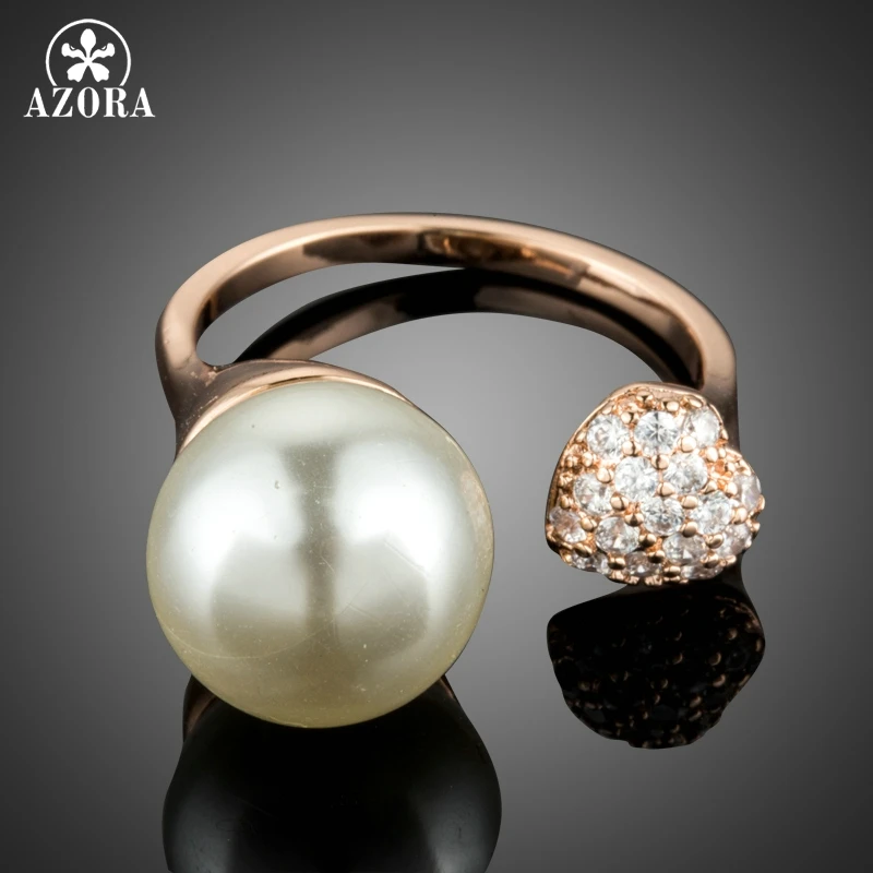 

AZORA Clear Cubic Zirconia Heart Rose Gold Color Adjustable Size Ring for Women Trendy Party Simulated Pearl Jewelry Gift TR0199
