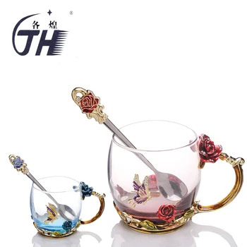 

New GH Classic Rose Glass Mug With A Spoon Old Fashioned Flower Water Red Wine Whiskey Beer Tea Cup Transparent Drinkware