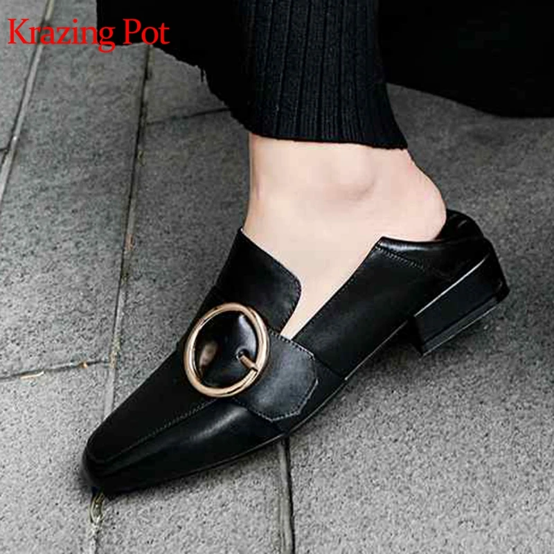 

Krazing Pot 2019 full grain leather square toe square low heels brand shoes streetwear office lady metal round buckle pumps L22