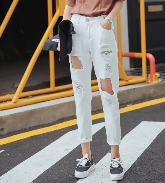 Новые модные рваные штаны шаровары отверстие джинсы для женщин женские сращены брюки с кисточками mujer Винтаж - Цвет: Белый