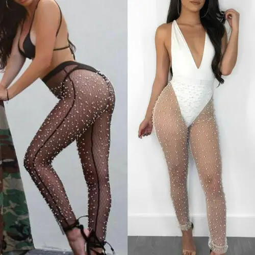 

2019 Sexy Womens Pencil Pants Fashion Lady See Through Trousers Sexy Mesh High Waist Pearls Patchwork Transparent Trousers