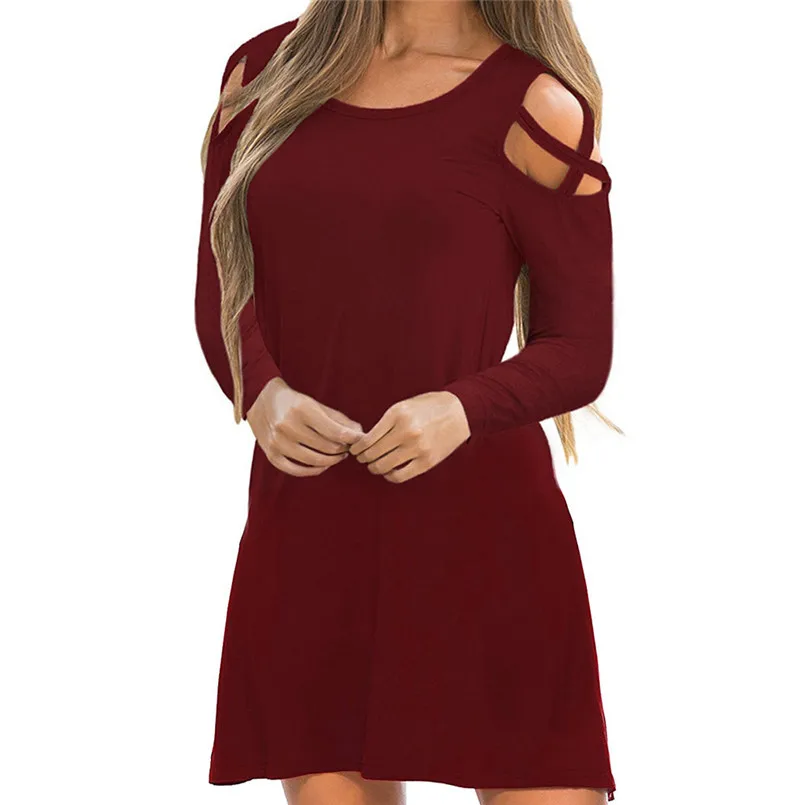 

Fashion Ladies Summer Knee-length Vintage Dress Casual Women Ladies Cross Long Sleeve Off Shoulder Paty Dress robe femme ete #30