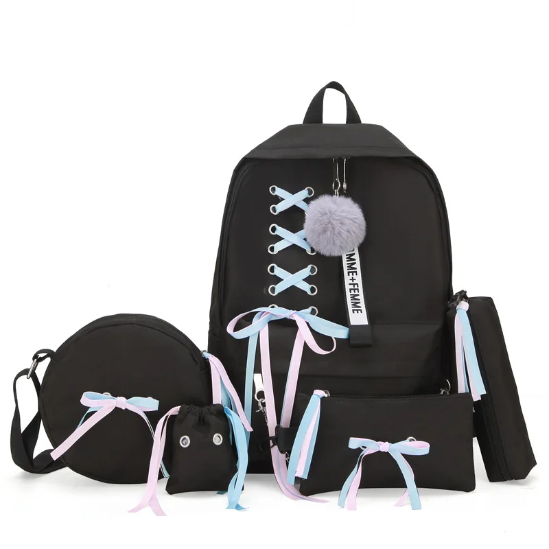 Women Backpack Korean Fashion Ribbon Bow 5pcs Cover Mother Bag Wild Large-capacity School Bag