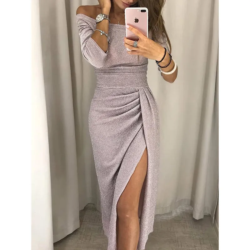 

Plus Size S-3XL Winter Dress Women Sexy Club Shine Asymmetrical Solid Color Slash Neck Bandage Long Party Vestidos Dresses Women
