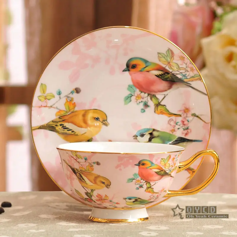 Фарфоровая чайная чашка с блюдцем ультра-тонкий костяной фарфор цветы и птицы узор дизайн контур в золотой кофейной чашке и блюдце набор