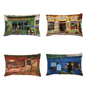 

Creative Convenience Store White Throw Pillow Cases Colored flowers Bicycle Lifebuoy Home Decor Retro Oil Painting Cushion Cover