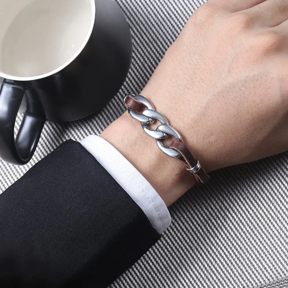 Мужской браслет из натуральной кожи, нержавеющая сталь, кубинская цепочка, мужской браслет, мужские ювелирные изделия, подарок на день Святого Валентина, дропшиппинг, DLB31