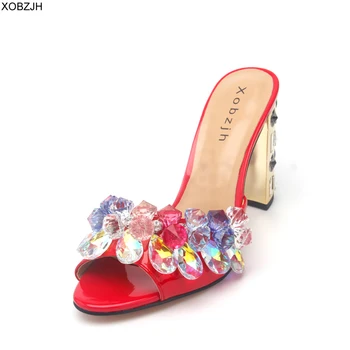 

Summer Sandals women Shoes 2019 Luxury Rhinestone Open Toe Wedding Shoes Ladies Slip On High Heel Red Sandals Shoes Woman
