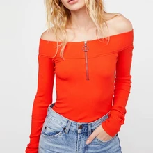 Осенние ковбойские Стиль Сексуальная с плеча футболка с длинными рукавами твердые передняя молния Fly Тонкий Футболки