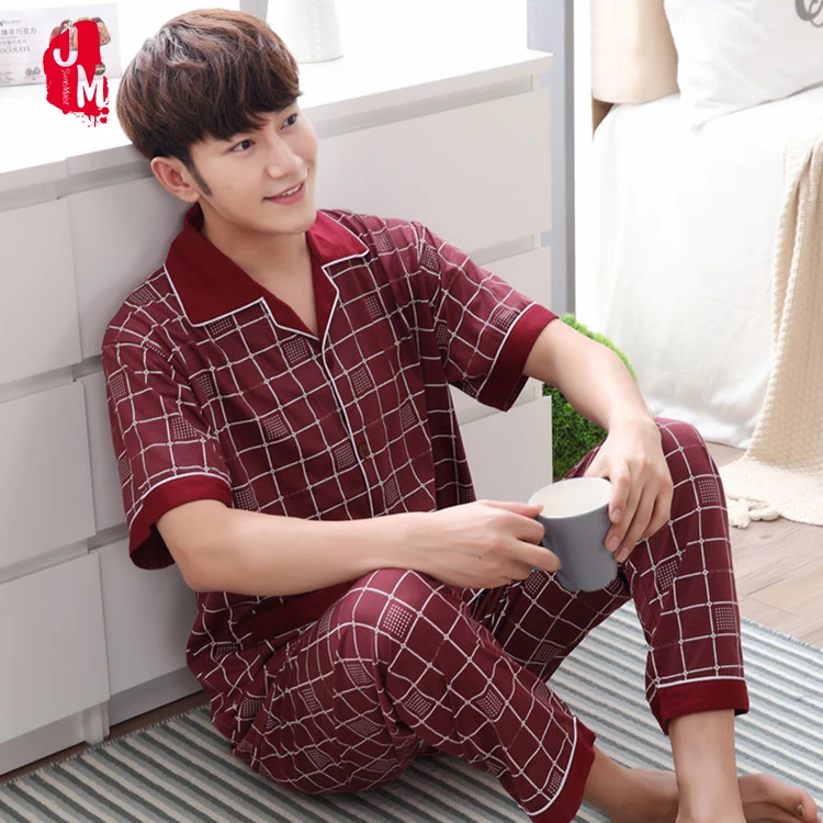 

2018 summer men pajama set red sleepwear men suit Short sleeve pyjama men's pajamas sets cotton Plaid sleepwears men's coton 3XL