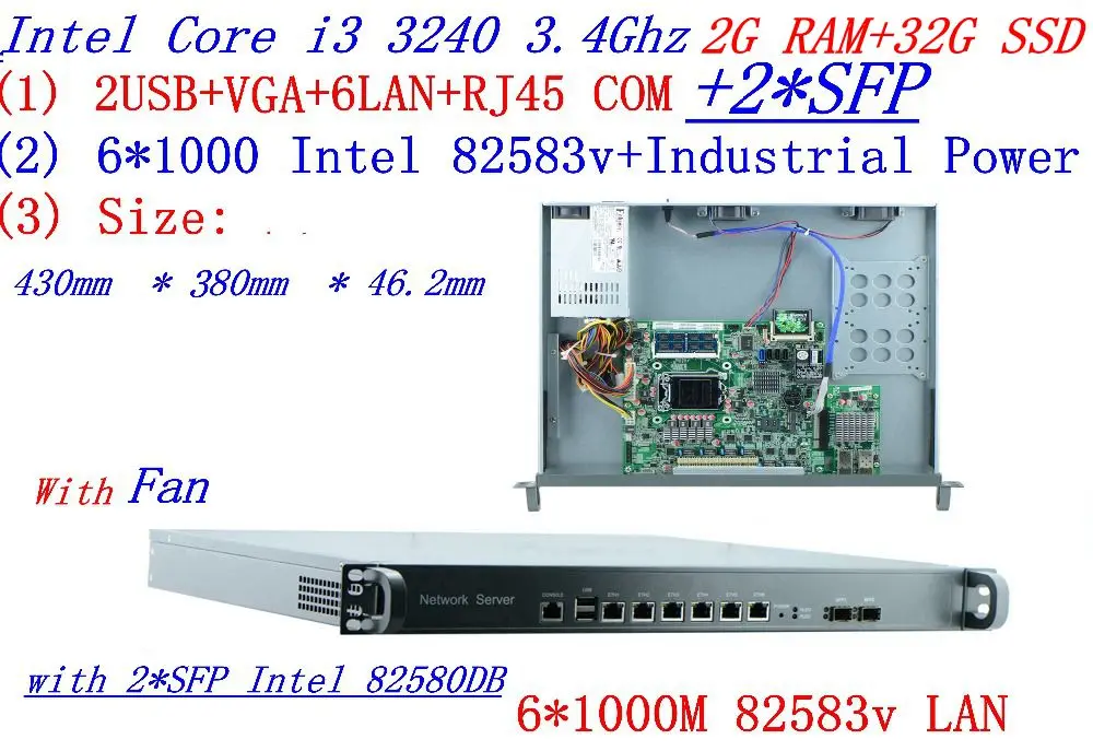 Брандмауэр сервер стойки 1U маршрутизаторы с 6*1000 м 82583 В Gigabit с 2 * SFP InteL I3 3240 3,4 ГГц 2 г Оперативная память 32 г SSD Поддержка ROS RouterOS