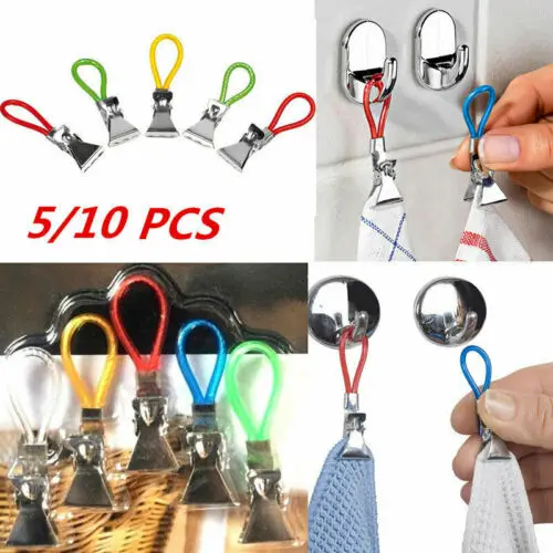 

5pcs New Arrival Tea Towel Hanging Clips Clip on Hooks Loops Hand Towel Hangers Multifunction Cloth Pegs Clips