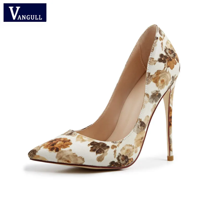 

2019 Spring Women Sexy Pumps High Heels Ladies Floral Printing Shallow Slip On Pointed Toe Office Shoes Female Fashion Footwear