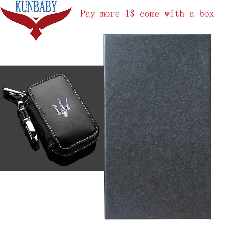 KUNBABY Высокое качество Натуральная кожа автомобильный брендовый держатель для ключей ключи для автомобиля кошельки автомобильный брелок для ключей кольцо чехол сумка чехол для Maserati 1 - Название цвета: Black with box