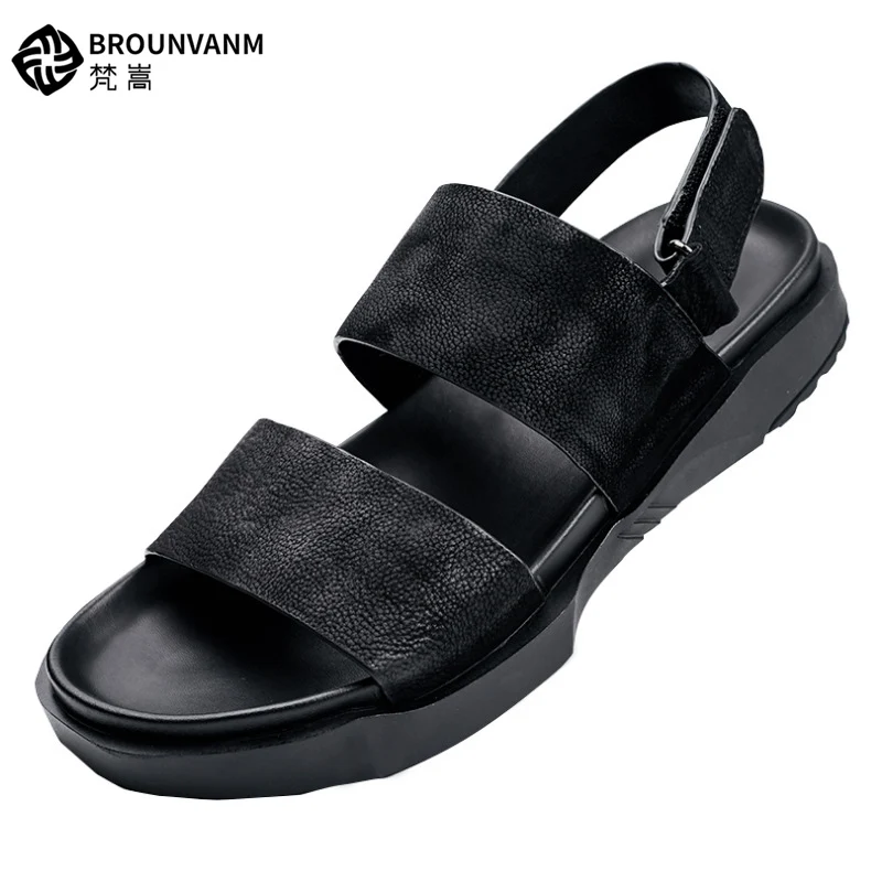 

Pure Black Retro Genuine Leather British Style Mens Hook Loop Sandal Business Man Summer Outdoor Casual Shoes