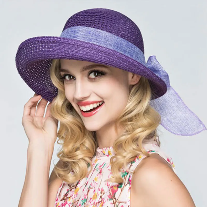 Violet Летние Шапки для Для женщин складной пляжный соломы Sunbonnet широкие свисающие поля шляпа пляжный отдых Стиль соломенная шляпа Femme - Цвет: Violet