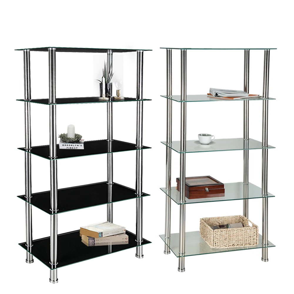 5 Tier Glass Shelf Unit Display Table Storage with Chrome Legs Living Room Furniture ...