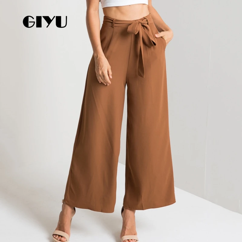 

GIYU Women High Waist Ankle-Length Pants Sashes Casual Wide Leg Pants Tie-up Loose Trousers Feminino vaqueros mujer