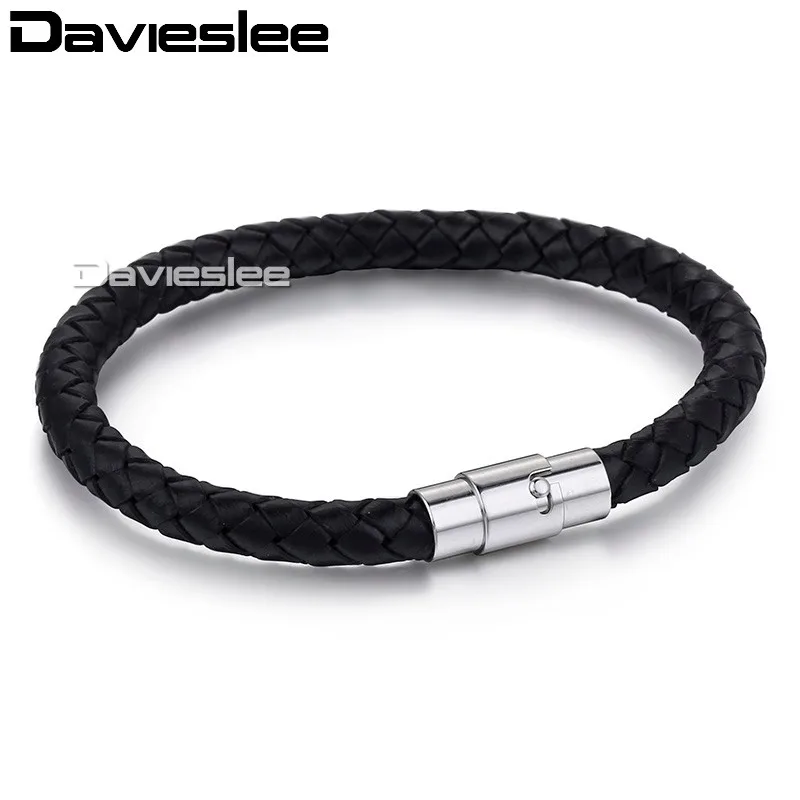 Davieslee мужские браслет черный Веревка искусственная кожа из нержавеющей стали Магнитная застежка Surf ювелирные изделия 6 мм LLB602