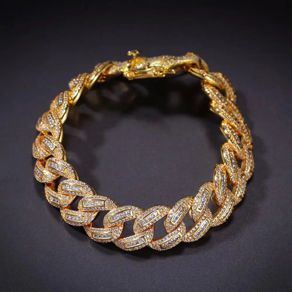 15 мм широкий микро проложенный квадратный AAA CZ камень Bling Iced Out круглые кубинские цепи браслеты для мужчин хип хоп раппер ювелирные изделия золотой цвет