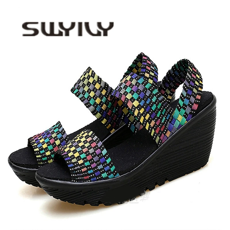 SWYIVY Women Slimming Sandals Platform Hand-woven Summer Large Size Height Increasing Comfortable Female Toning Shoes