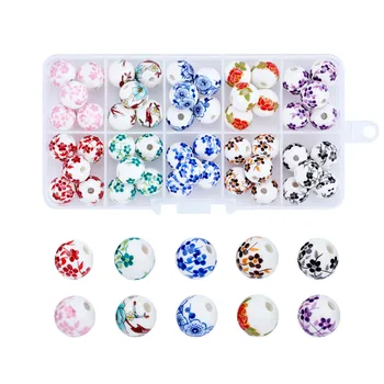 

12mm Mixed Style Round Handmade Porcelain Beads for Jewelry Making DIY,Mixed Color,Hole: 3mm; 5pcs/compartment, 50pcs/box