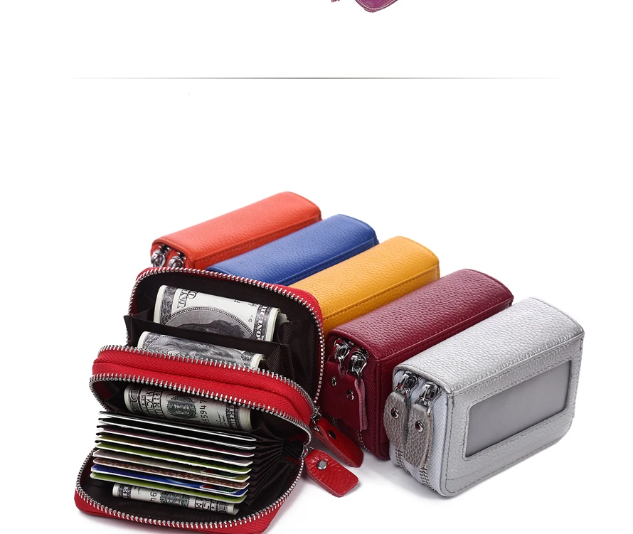 Fashion Brand Genuine Leather Women Card Holder Double Zipper Large Capacity Female ID Credit Card Case Bag Wallet