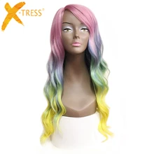 Ombre розовый зеленый цвет синтетические волосы на кружеве парики боковая часть X-TRESS длинные волнистые цветные парики для косплея для черных женщин