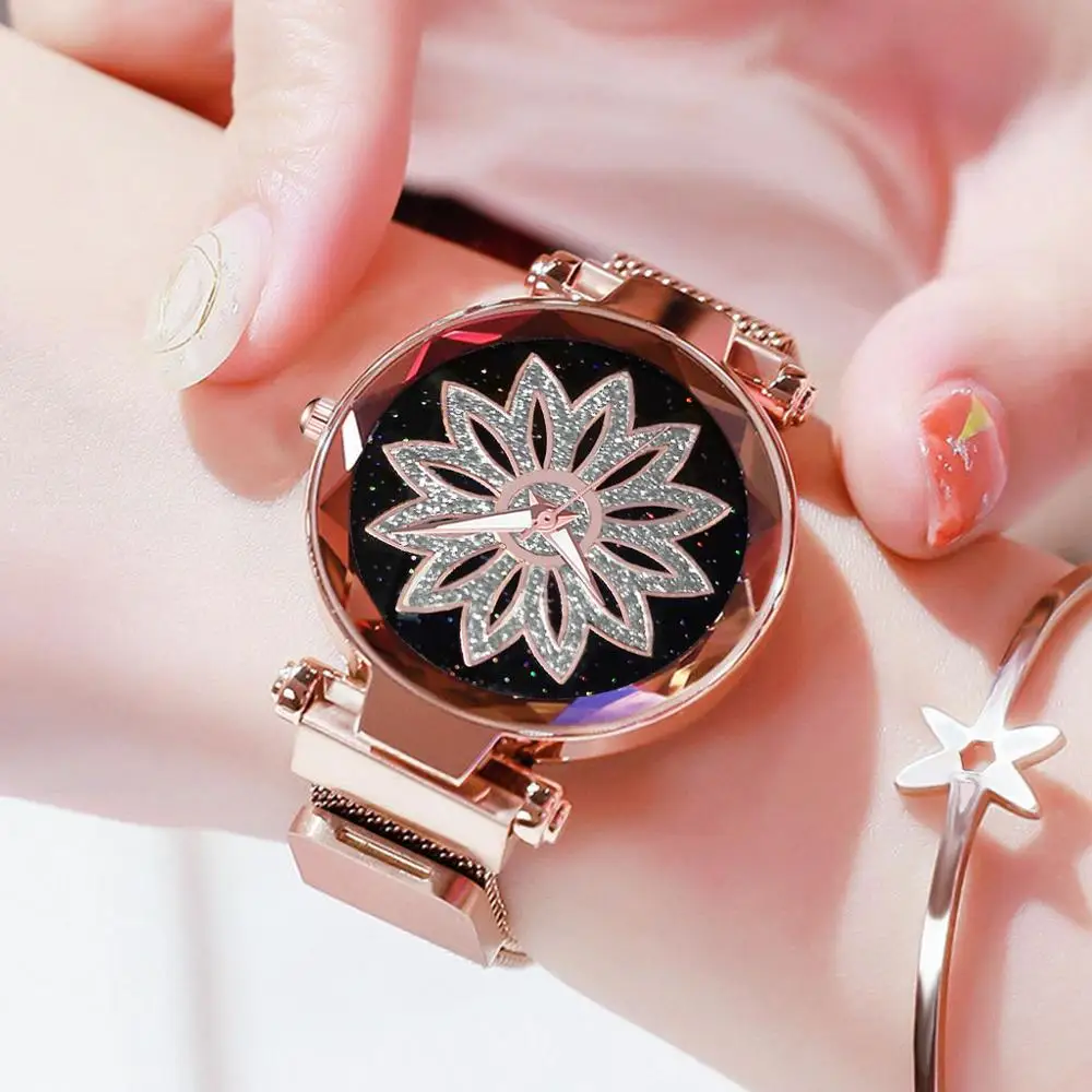 

Women Lucky Flower Watches 2019 Luxury Rose Gold Female Starry Sky Magnetic Wristwatch Ladies Stainless Steel Quartz Clock Gift