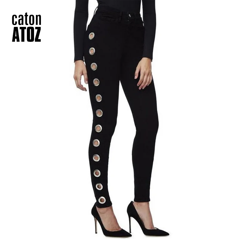 

catonATOZ 2167 High Street Side Eyelets Jeans Black Skinny Denim Jeans Women Pants Female Jeans For Woman