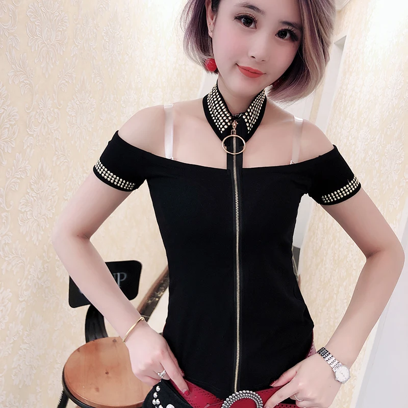 

Sexy Off Shoulder Diamonds Zipper Tshirt 2019 New Summer Women AB Wear Slash Neck Short Sleeve Top Shirt Clothes T94143L