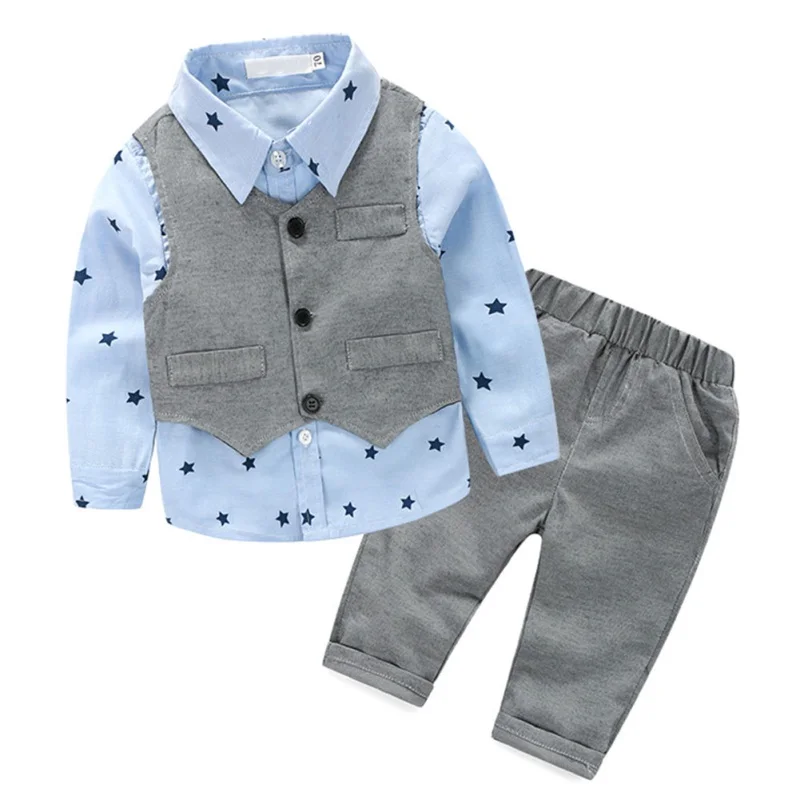 3 шт./компл. осенний комплект одежды для маленьких мальчиков, принт со звездой рубашка+ серый жилет+ штаны, комплект джентльмена, комплект детской одежды - Цвет: Синий