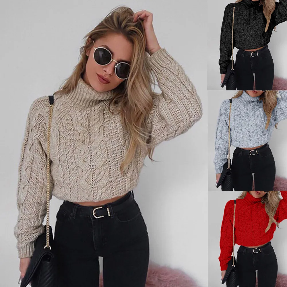

Women Winter High collar sexy umbilical twist Casual Knitted Pullover Sweater