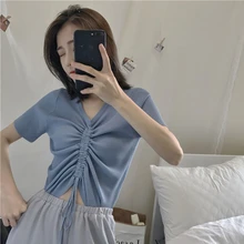 Трикотажные высокое качество новая летняя женская одежда повязки модный тренд короткие однотонные v-образный вырез темперамент тонкие повседневные топы футболки