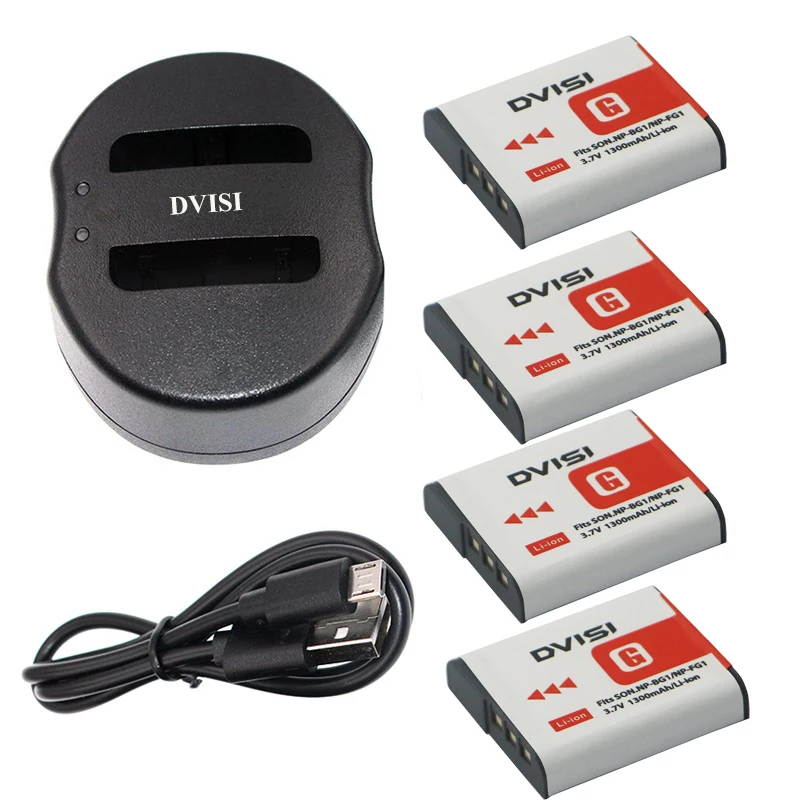 4Pcs 1.3Ah NP BG1 NP BG1 Camera Batteries+USB Charger for SONY Cyber