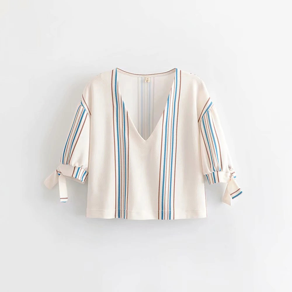

Women Casual White Striped Za Blouse Female 2019 Spring Summer Fashion V-neck Short Sleeve Bow Tops Shirts blusas mujer de moda