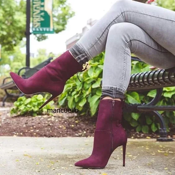 

Concise Design Women Elegant Purple Pointed Toe Ankle Boots Fancy Suede Thin High Heels Side Zip Sexy Short Boots Dropshipping