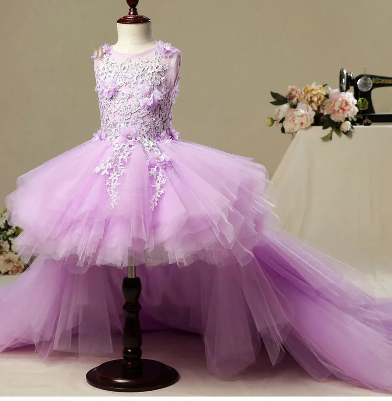 

Violet Lace Long Trailing Flower Girl Dresses for Wedding Appliques First Communion Dress for Girls Puffy Pageant Princess Dress