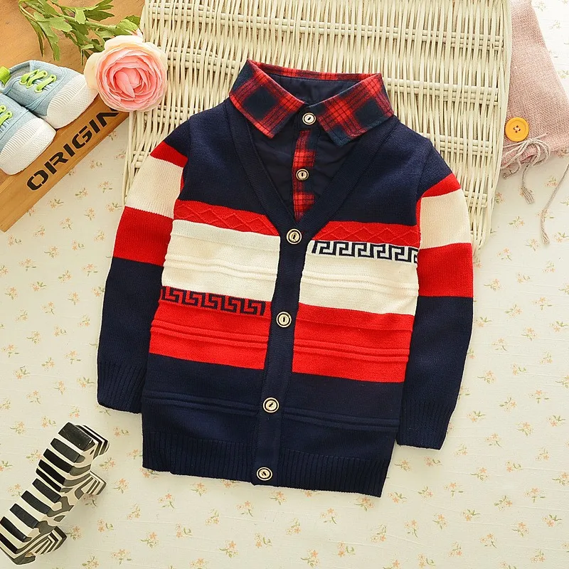 

2016 Autumn Winter England Style Plaid Patchwork baby Boys Sweaters Children's Kids Warm Clothes Gift For Boy